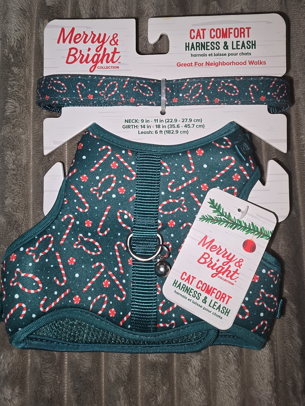 Merry & Bright Cat Comfort Harness & Leash Set - Teal Candy Cane